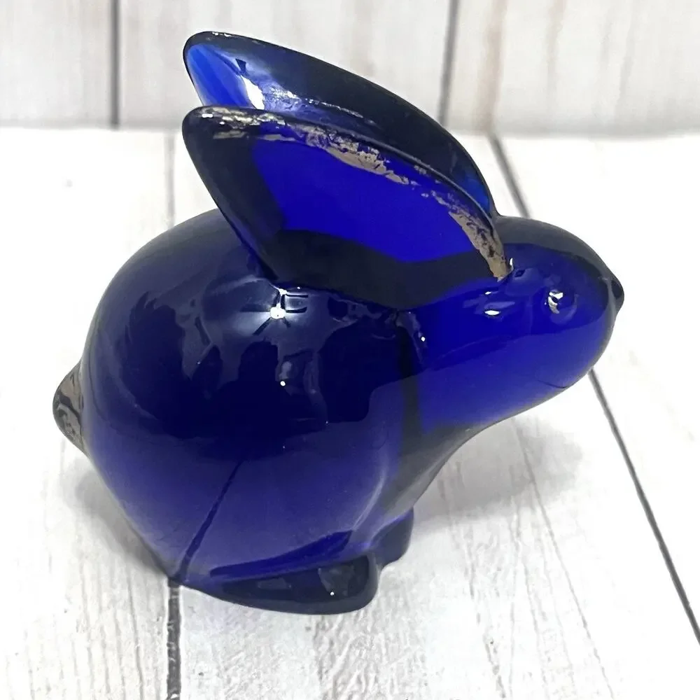 Oneida Cobalt Blue Crystal Glass Bunny Rabbit Paperweight Vintage Fig **chipped